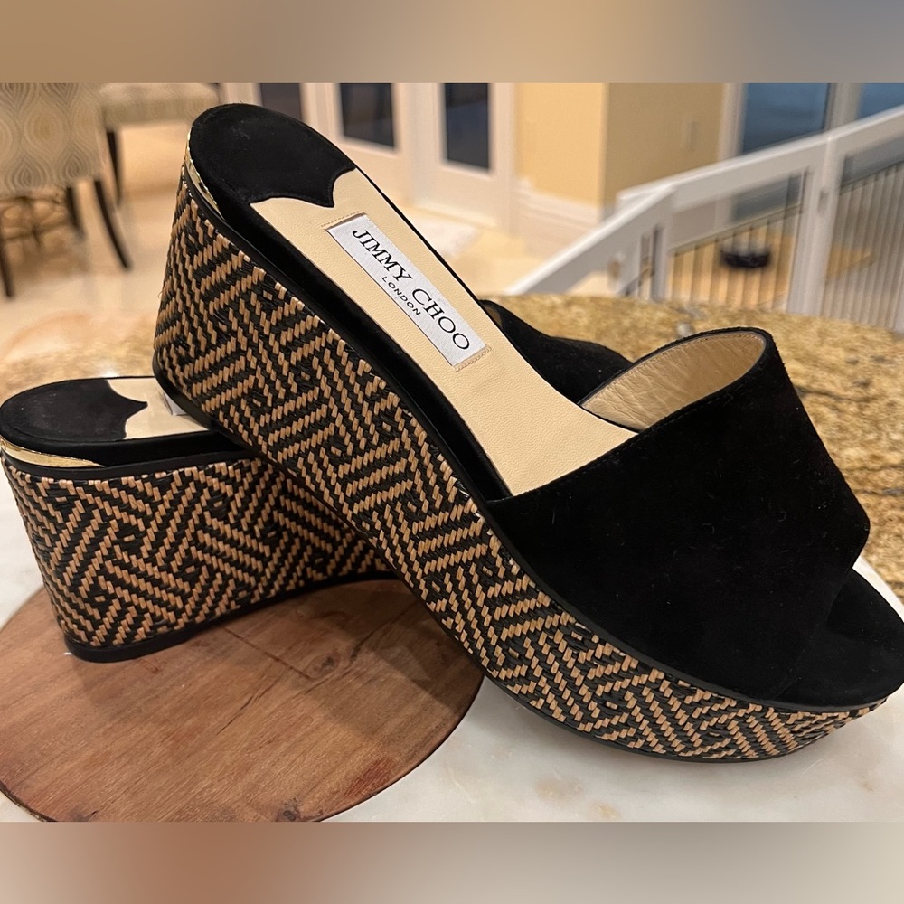 Jimmy Choo woven wedge black suede slides, Sz 9.5. Like new!